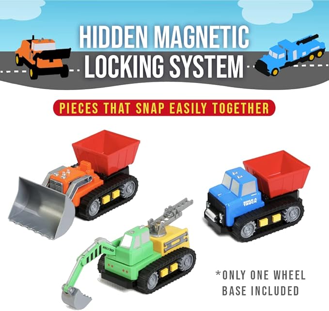 POPULAR PLAYTHINGS Magnetic Build-a-Truck Set - 4 Construction Vehicles with Real Construction Site Sounds