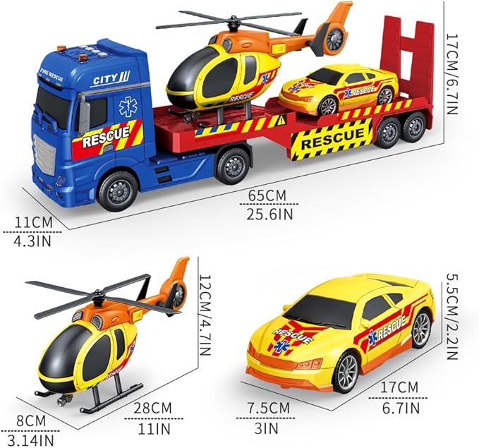 25" Rescue Tow Truck with Racing Car and Helicopter for Toddlers Lights & Sounds Birthday Gift for 3-6 Years Boys and Girls
