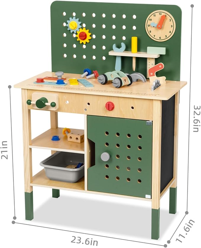 Toddler Tool Bench, Montessori Kids Workbench Playset, Large Tool Bench for Kids Ages 3-5, Wooden Toddler Construction Toys for Pretend Play, Present for Boys and Girls, Green