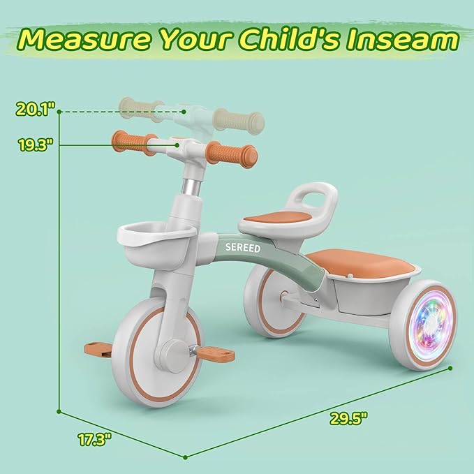 SEREED Colorful Lighting Toddler Tricycle for 2-5 Years Old Boys Girls, Adjustable Seat&Handlebar Trike, Removable Basket, Birthday Gift Idea for Kids Ages 2+ (Green)