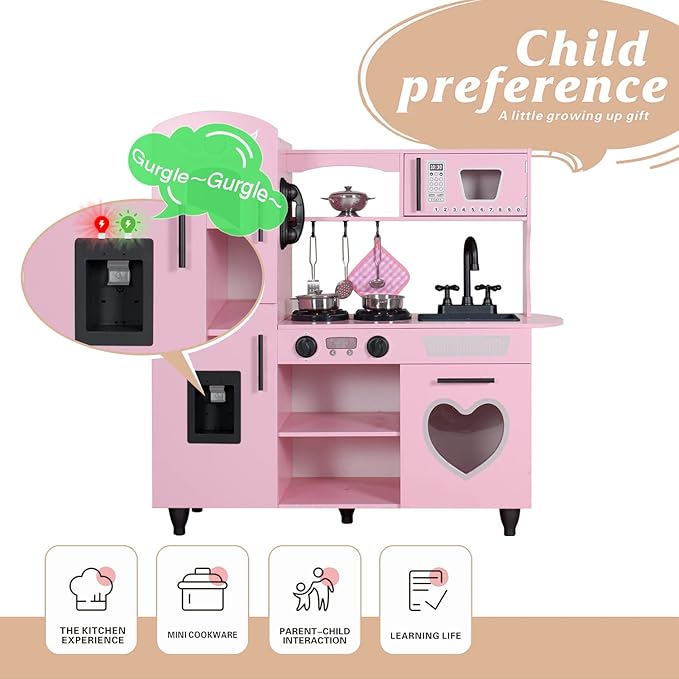 TaoHFE Kitchen Set for Kids Wooden Play Kitchen Toy Sets for Girls Gift Pink Kitchen for Toddlers Kitchen Playset Toys for Kids Age 3+ Pretend Play with Lights & Sounds (Pink)