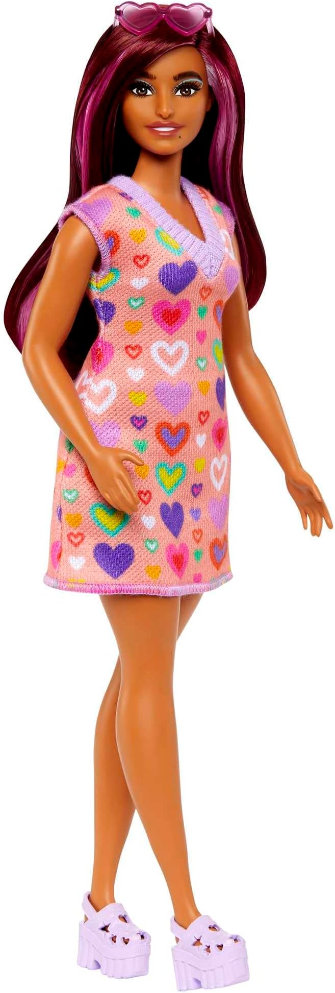 Barbie Fashionistas Doll #207 with Pink Hair Streaks Wearing Removable Heart-Print Sweater Dress, Sunglasses & Platform Shoes