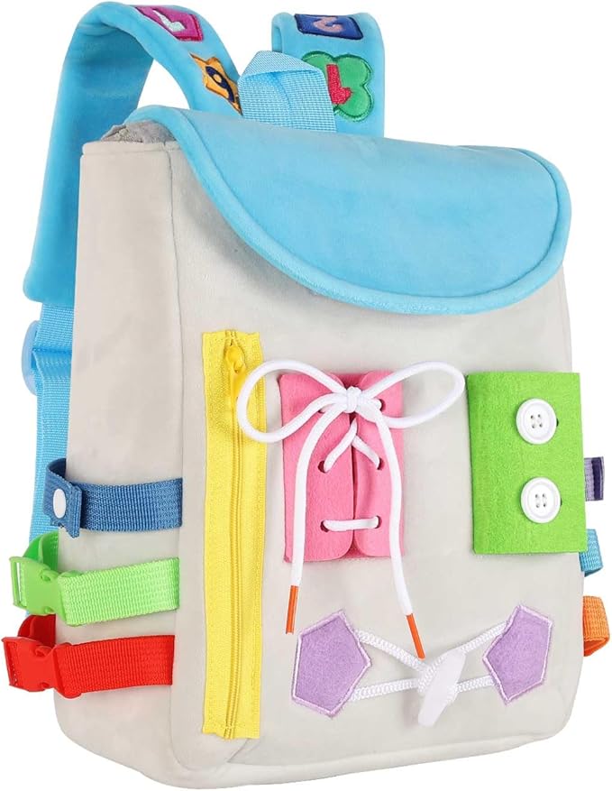 Busy Board - Toddler Backpack with Buckles and Learning Activity Toys - Develop Fine Motor Skills and Basic Life Skills - Learn to Tie Shoes - Children's Travel Toy (Grey)