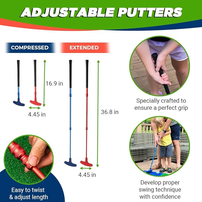 Portable Kids Pong Putting Game Set Mini Golf for Kids Fun Yard Game - Adjustable Putters, Quality Base, Real Golf Balls Perfect for Family Competitions