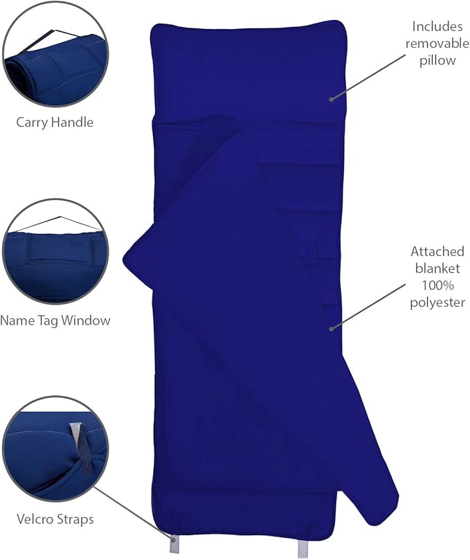 EVERYDAY KIDS Nap Mat with Removable Pillow - Navy - Carry Handle with Straps Closure, Rollup Design, Soft Microfiber for Preschool, Daycare, Travel Sleeping Bag - Ages 3-6 Years