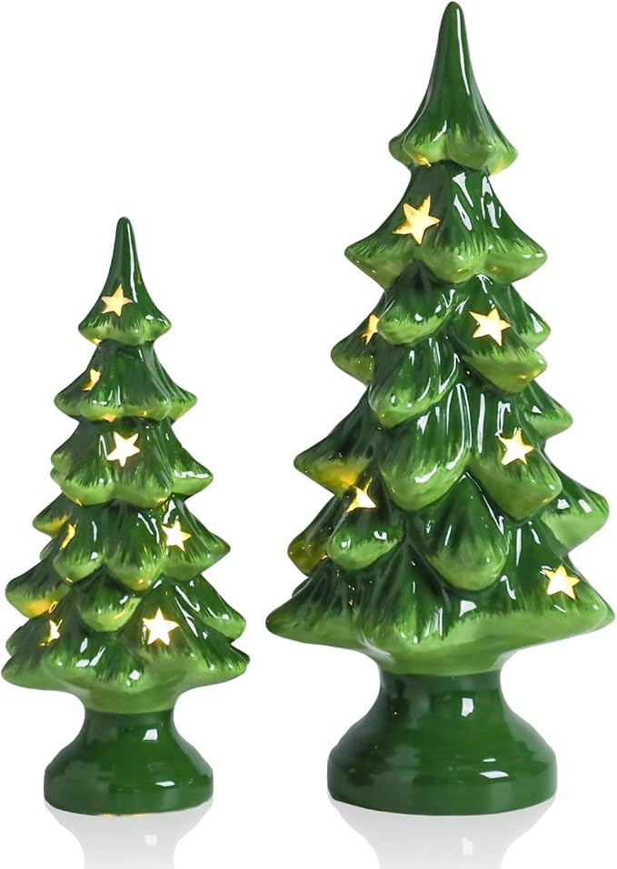Taman Ceramic Christmas Tree, 2 Pack Tabletop Light Up Decoration with Warm Lights for Christmas Holiday Indoor Decorations