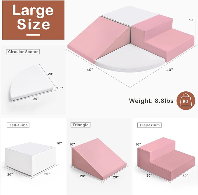 Large 4 Pieces Climbing Toys for Toddlers 1-3, Non-toxic & Eco-friendly Toddler Climbing Toys Indoor, Soft Play Equipment Indoor for Motor Skills, Easy Setup & Clean Climbing Blocks, Pink & White