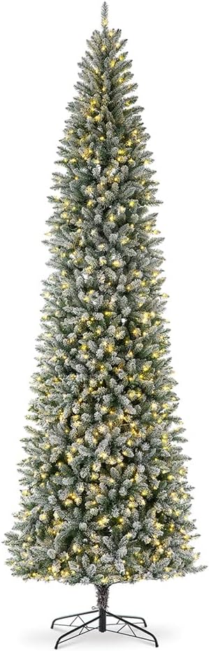 Glitzhome 11ft Prelit Artificial Christmas Tree, Snowy Splendor Fir Hinged Pencil Christmas Tree Holiday Decoration with 950 Warm White Lights and Foldable Metal Stand, Easy Assembly
