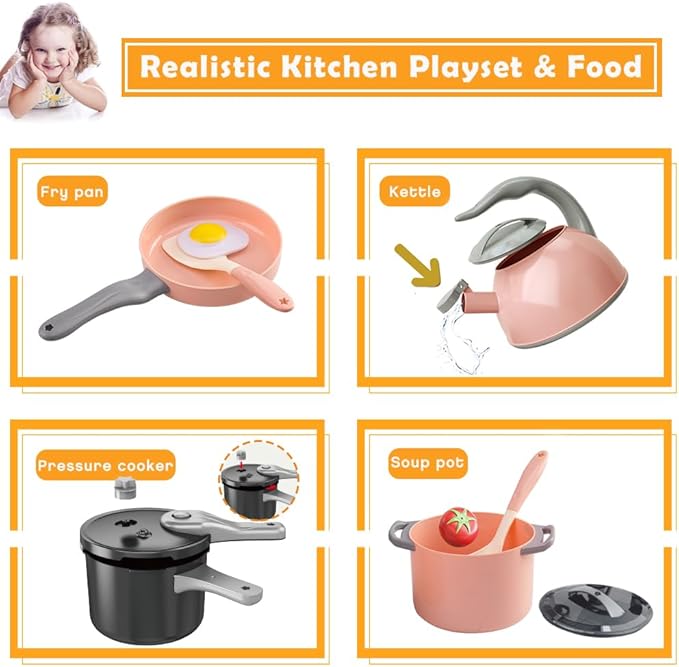 Bruvoalon 32Pcs Kids Play Kitchen Toys Set, Toddlers Pretend Cooking Playset Acccessories with Pots Pans, Utensils Cookware, Foods, Canned Veges, Learning Gift for Kids Girls Boys (Pink)