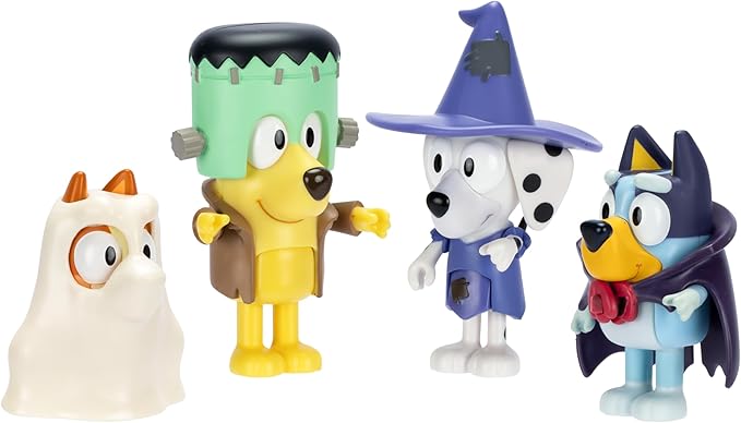 Bluey Halloween Figure 4-Pack - 2.5" Poseable Figures of Bluey, Bingo, Chloe & Lucky in Costumes With Accessories - Kids Can Recreate Favorite Moments From TV Show