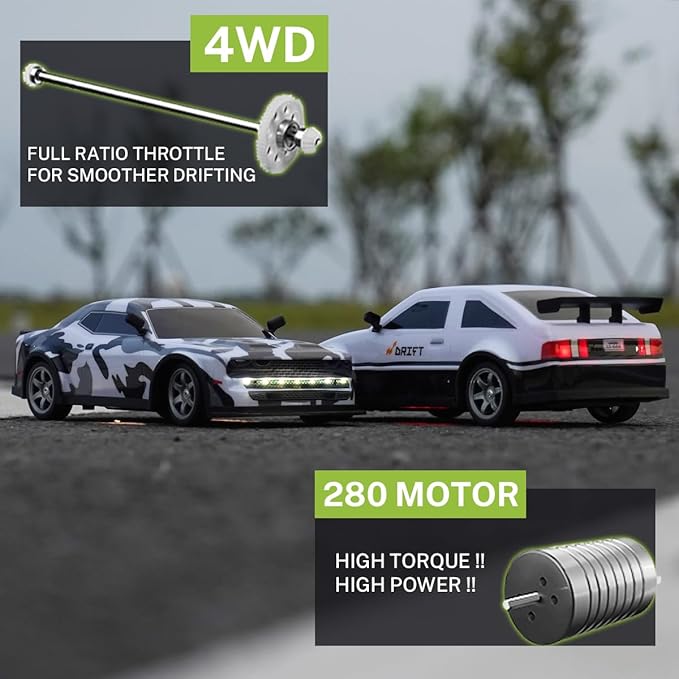 ACAMMZAR 1:16 RC Drift Car, 25KM/H 4WD High Speed Remote Control Cars for Kids, with LED Lights, Two Batteries, Extra Tires, Drift RC Cars for Adults,Black