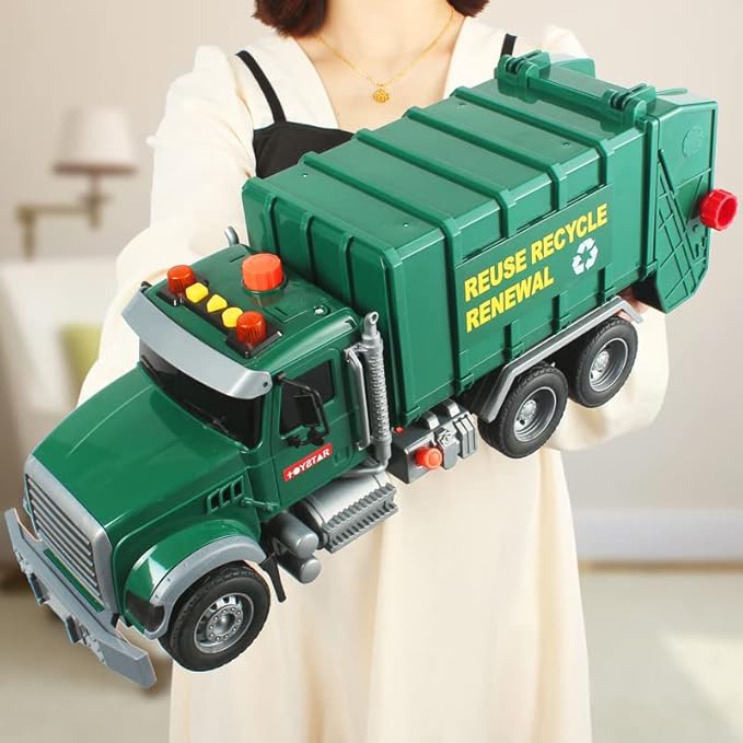 Dwi Dowellin Toddler Toys for 3 + Years Old Boys, 15" Large Garbage Truck Toy,Friction Powered Waste Management Garbage Truck with Lights and Sounds,3 Rear Loader Trash Cans,Kids Gift