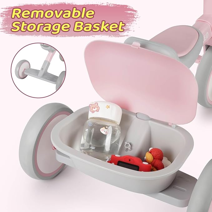 SEREED Colorful Lighting Toddler Tricycle for 2-5 Years Old Girls, Adjustable Seat&Handlebar Trike, Removable Basket, Birthday Gift Idea for Kids Ages 2+ (Pink)