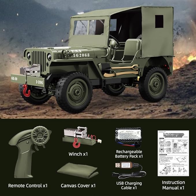 1/10 Willys MB RC Car, 2.4Ghz Military Truck 4WD RC Crawler with Turn Signal Light, Front Winch, Tarpaulin, Hobby RC Truck Off-Road Military Car, Metal Shaft, 4x4 Off Road Vehicle RTR, 2 Batteries