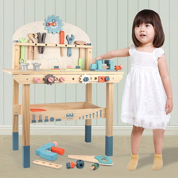 Wooden Power Tool Workbench for Kids, Building Tools Sets Pretend Play Toys - Construction Workbench with Wrench, Screwdriver, Miter Saw and Hammer - Educational Gift for Toddlers Age 3 and Up
