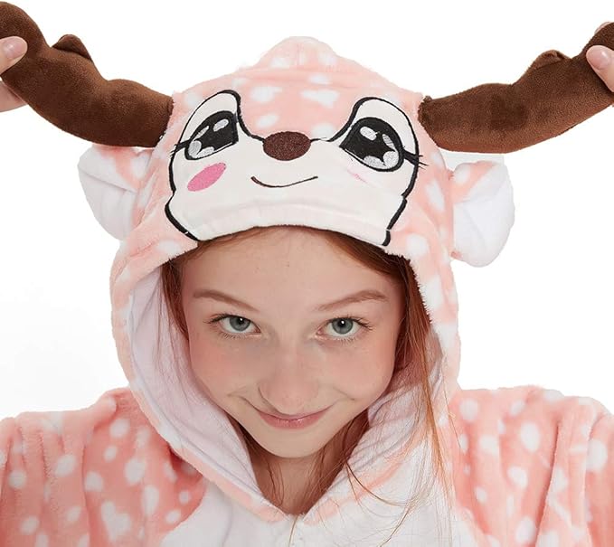 Kid Reindeer Onesie Pajamas Deer Christmas Halloween Costume Boy Girl Animal Onepiece (Pink, 140)