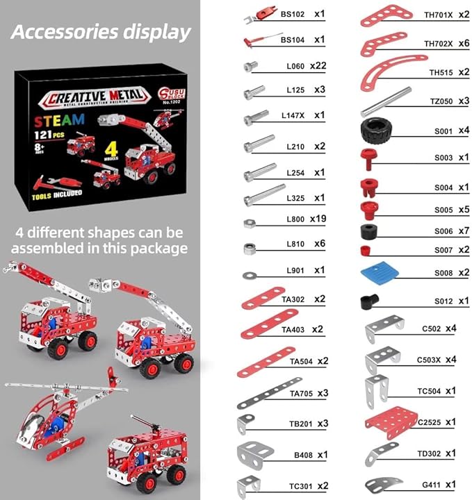 Stem Building Toys for Boys Age 8-12,Erector Sets Fire Trucks Series Model Kit,Assembly Toys for Kids,Metal Building Toys for Model 4 in 1 Fire Fighting Cars(121PCS)