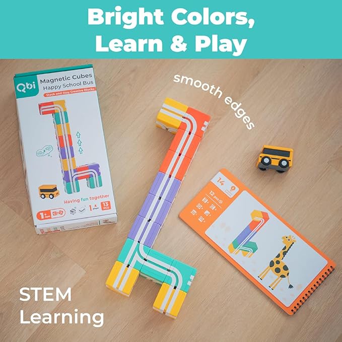QBI Magnetic Blocks STEM Toys for Toddlers Aged 1+ Year Old Boys & Girls|3D Colorful Magnetic Building Blocks with School Bus|Magnet Block for Kids|Educational & Montessori Preschool Kids Toy (13PCS)
