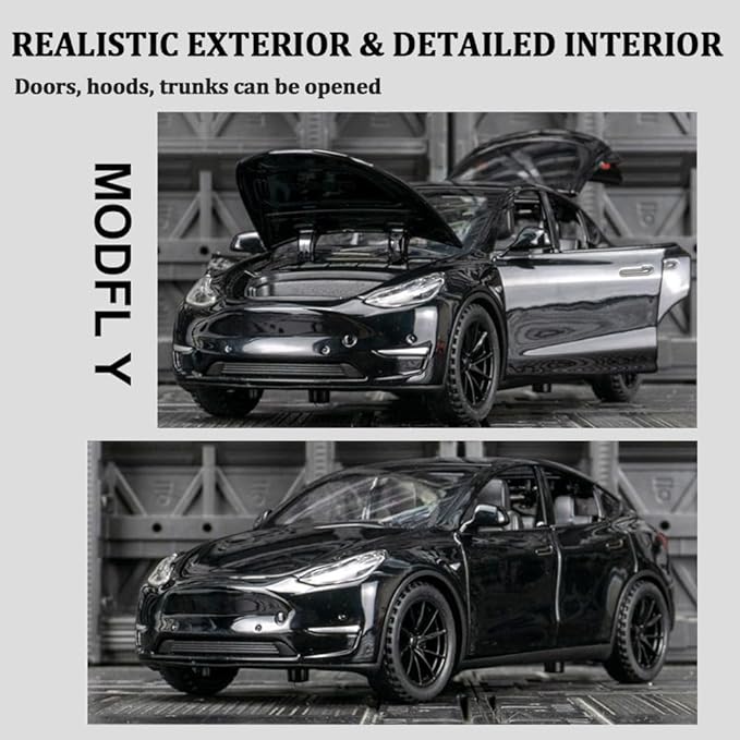 1/24 Scale Diecast Car Model Y, Alloy Diecast Toy Cars Pull Back Toys with Sound & Light, Vehicles Toys for Kids Gift Car Lovers Collection (1/24 Model Y -Black)