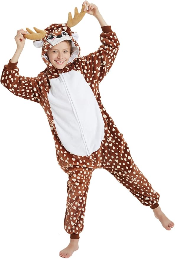 Kid Reindeer Onesie Pajamas Deer Halloween Costume Boy Girl Animal Onepiece (A - Dot deer, 12-14Years)