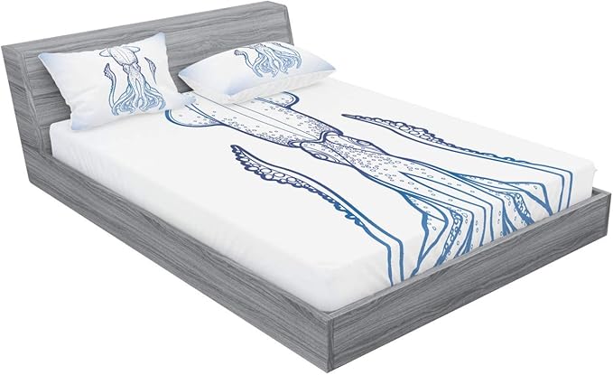 Ambesonne Kraken Fitted Sheet & Pillow Sham Set, Squid in Classic Line Art Styled Graphic Nautical Marine Sea Creature Image Art, Decorative Printed 3 Piece Bedding Decor Set, Queen, Blue and White