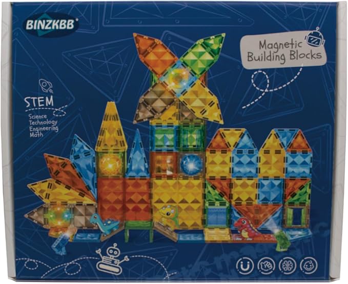 BINZKBB Magnetic Tiles Building Blocks,Lighted 3D Clear Educational STEM Construction Set,Preschool Sensory Magnet Dinosaur Creativity Toys for Kids Age 3 4 5 6 8+ Years Old Girls Boys Toddlers