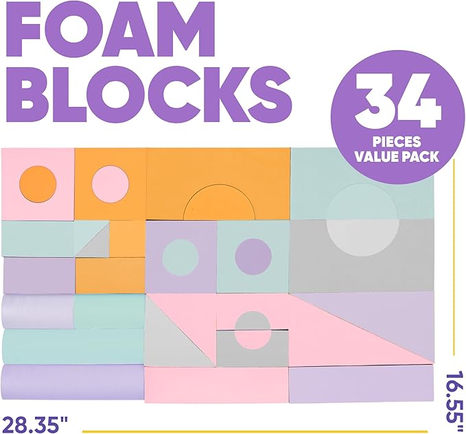 Set of 34 Jumbo Large Foam Blocks for Toddlers - Stacking Soft Blocks for Kids with Shapes & Colors Learning - Construction Building Preschool Toys - Giant Foam Bath Blocks for Toddlers 3-5 & above