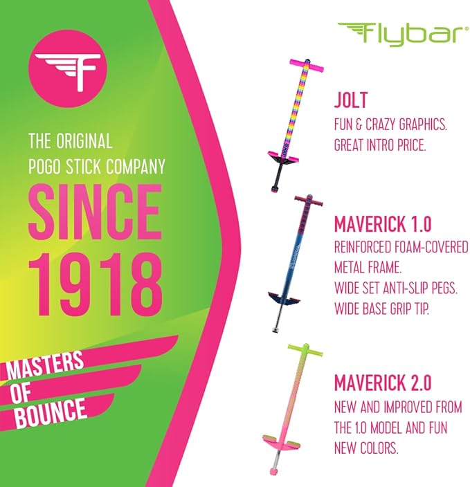 Flybar Maverick Pogo Stick for Kids Ages 5+, 40 to 80 Pounds, Perfect for Beginners, Easy Grip Handles, Anti-Slip Pegs, Outdoor Toys for Boys and Girls