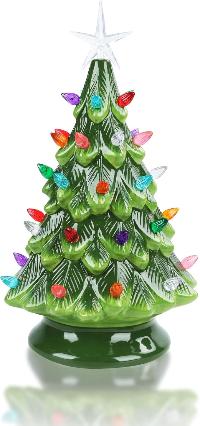 Small Ceramic Christmas Tree Hand-Painted Vintage Tabletop Green Christmas Tree Holiday Decoration with Multi-Color Lights 12.2 inch