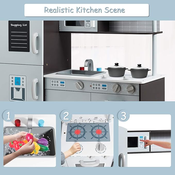 Costzon Kids Kitchen Playset, Wooden Pretend Play Toy Set with Realistic Sound, Microwave, Oven, Washing Machine, Refrigerator, Sink, Play Kitchen for Toddlers, Gift for Boys Girls Age 3+