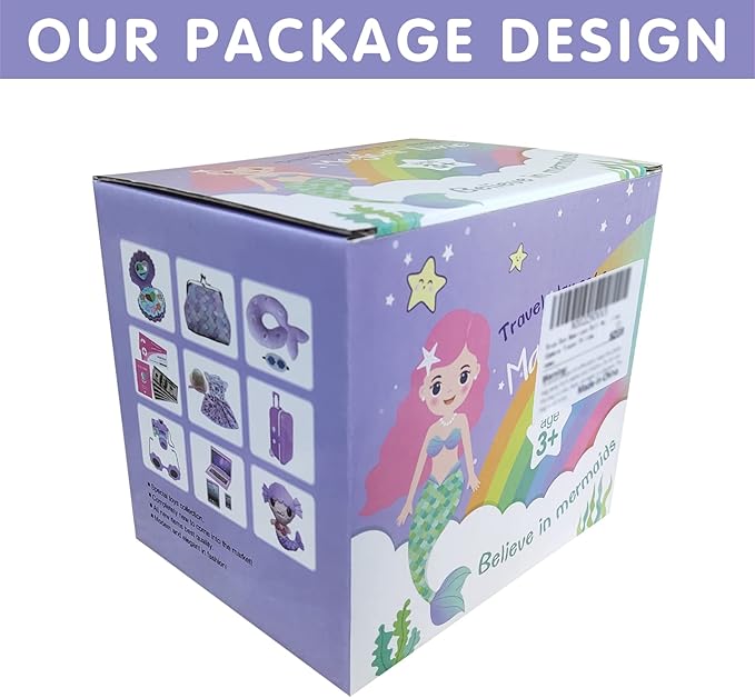18 Inch Doll Suitcase Travel Luggage Play Set, Mermaid Theme Travel Carrier Storage Accessories for 18inch Doll, Include Case, Clothes, Hat, Sunglasses, Camera, Pillow, Toy Pet