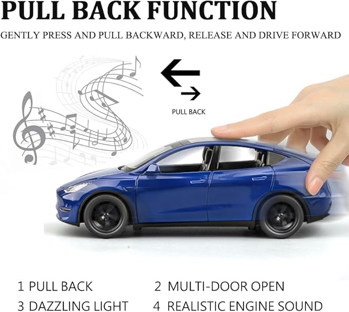 1/24 Scale Diecast Car Model Y, Alloy Diecast Toy Cars Pull Back Toys with Sound & Light, Vehicles Toys for Kids Gift Car Lovers Collection (1/24 Model Y -Blue)