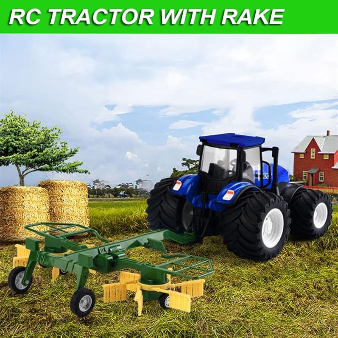 RC Truck Farm Tractor with 2 Rechargeable Batteries - 2.4G 1/24 High Simulation Construction Vehicle with Dual Rotary Swath Windrower,Remote Control Toy with Lights, Hobby Model Toys for Kids 3-6