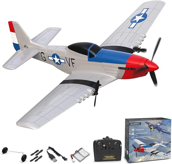 VOLANTEXRC RC Plane 3 Channel Remote Control Airplane Fighter Toys, 2.4GHz 6-axis Gyro Stabilizer RTF Glider Aircraft Plane, Easy to Fly for Adults Kids Beginners Boys (P-51D Mustang)