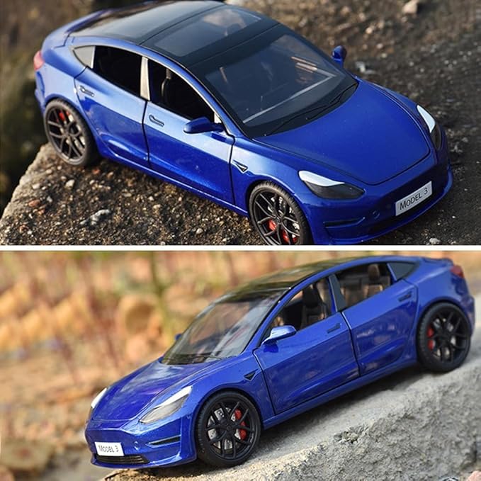 1/24 Scale Diecast Car Model 3, Alloy Diecast Toy Cars Pull Back Toys with Sound & Light, Vehicles Toys for Kids Gift Car Lovers Collection (1/24 Model 3 -Blue)