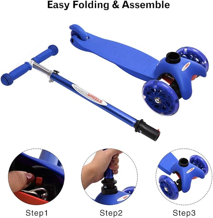 ChromeWheels Scooter for Kids, Deluxe 3 Wheel Scooter for Toddlers 4 Adjustable Height Glider with Kick Scooters, Lean to Steer with LED Flashing Light for Ages 3-6 Girls Boys
