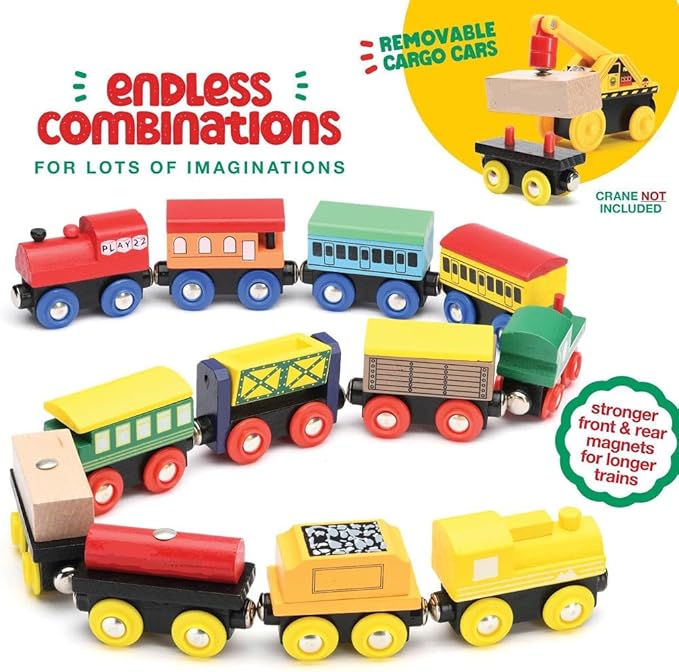 Wooden Train Set 12 PCS - Train Toys Magnetic Set Includes 3 Engines - Toy Train Sets For Kids Toddler Boys And Girls - Compatible With All Major Brands - Original - By Play22