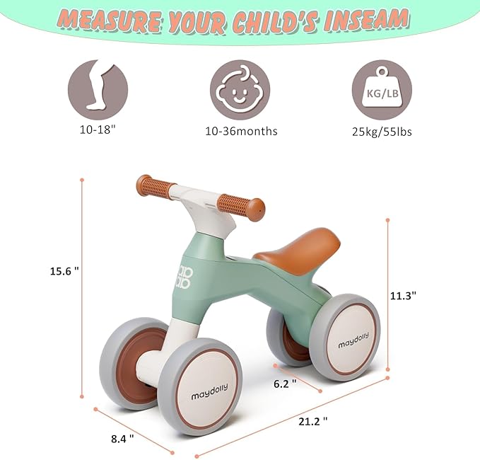 Maydolly Baby Balance Bike, Toddler Balance Bike for 1 Year Old Boys Girls, 4 Wheels Toddler Bike, First Birthday Gifts for 10-36 Month (Green)