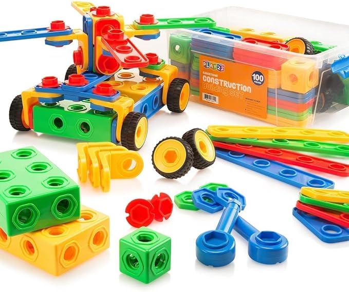 Play22 100Pc Building Blocks for Toddlers Stem Toys - Building Take Apart Toys for Boys and Girls Ages 3 4 5 6 7 8 9 10 - Educational Toys Set with Nice Storage Box