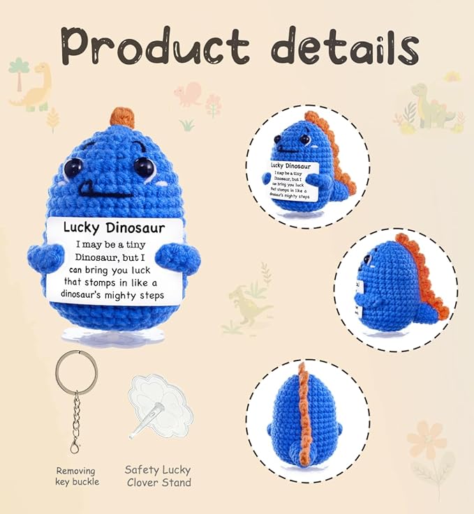 Funny Easter Basket Stuffers Positive Crochet Animals Dinosaur, Stress Relief Gifts for College Student Graduation Boyfriend Husband Women Birthday Desk Decor(Deep Blue Dinosaur)