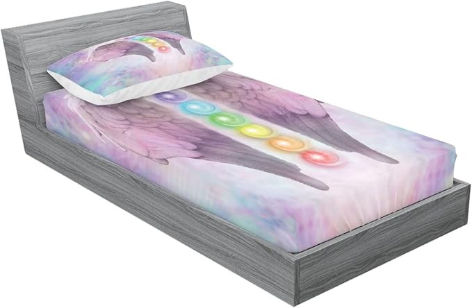 Ambesonne Wings Print 2 Pack Fitted Sheet & Pillow Sham Set, Energy Silhouettes Art, 4 Pcs Bedding Decor, Package Contains 2 Twin Size Fitted Sheets & 2 Pillow Covers, Light Plum