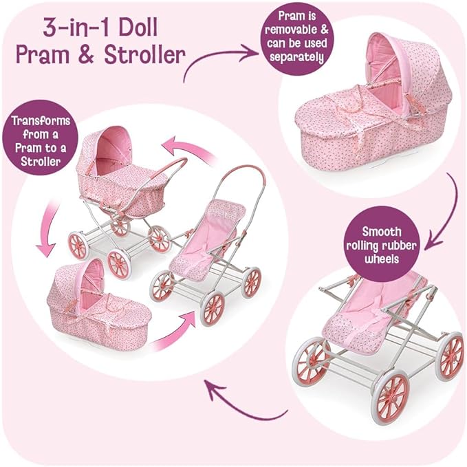 Badger Basket Just Like Mommy 3-in-1 Convertible Doll Pram, Carrier & Stroller - Pink Rosebud - Fits 18 to 22-Inch Dolls