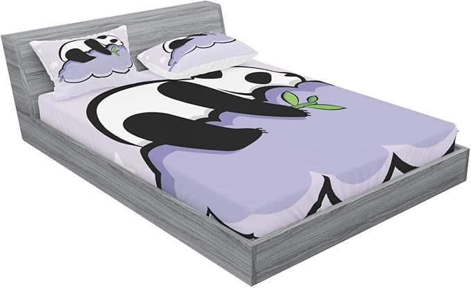 Ambesonne Panda Fitted Sheet & Pillow Sham Set, Panda Bear Sleeping on Cloud in Starry Night Sky Cartoon Illustration Print, Decorative Printed 2 Piece Bedding Decor Set, Queen, Lilac Black