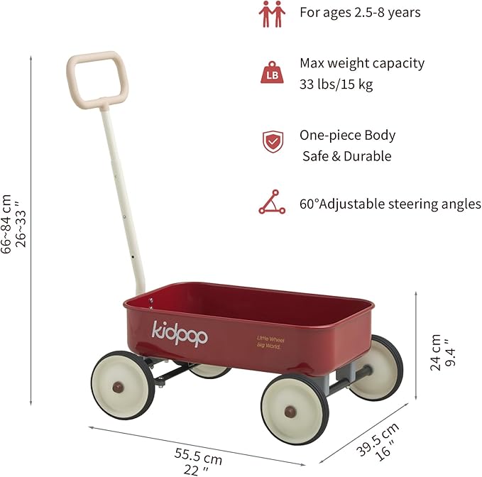 PULA-Wild 2-in-1 Kids' Pull-Along Wagon Toddlers Push Walker for 2.5-8 Adjustable Handlebar, Birthday Gifts Max Weight 33 lbs (Red)
