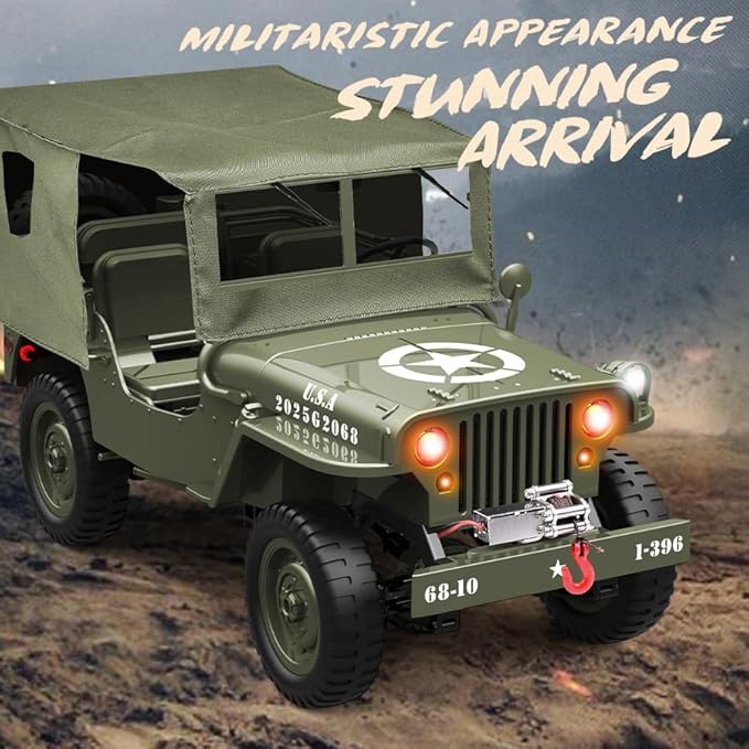 1/10 Willys MB RC Car, 2.4Ghz Military Truck 4WD RC Crawler with Turn Signal Light, Front Winch, Tarpaulin, Hobby RC Truck Off-Road Military Car, Metal Shaft, 4x4 Off Road Vehicle RTR, 2 Batteries