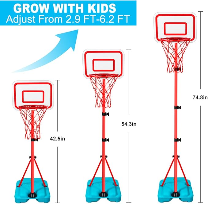 Kids Basketball Hoop Adjustable Height 2.9 ft-6.2 ft Toddler Basketball Hoop for Kids Indoor Outdoor Play Portable Basket Ball Goal Backyard Outside Toys for Boy Girl Age 2 3 4 5 6 7 8