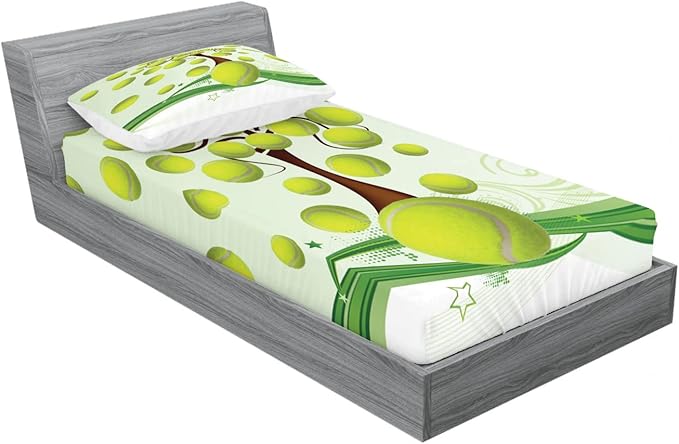 Ambesonne Tennis 2 Pack Fitted Sheet & Pillow Sham Set, Tennis Balls Pattern, 4 Pcs Bedding Decor, Package Contains 2 Twin Size Fitted Sheets & 2 Pillow Covers, Pale Green Brown White