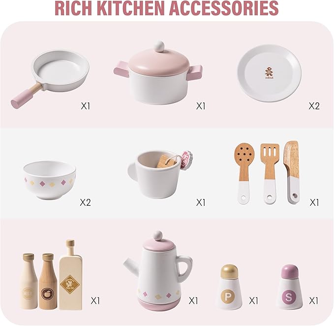 ROBUD Play Kitchen for Kids Toddlers, Wooden Play Kitchen with Realistic Accessories, Toy Kitchen Set with Plenty of Play Features, Modern Style Toy Kitchen for Girls & Boys, Gift for Ages 3+, Pink