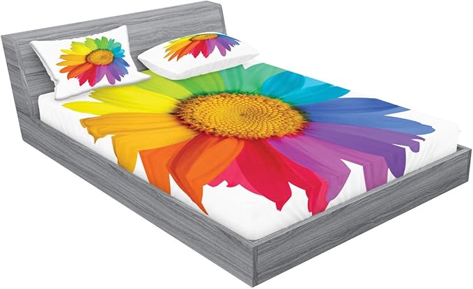 Ambesonne Flower Fitted Sheet & Pillow Sham Set, Multicolor White Colored Sunflower or Daisy Spring Inspired Hippie Style Modern Design, Decorativeed 3 Piece Bedding Decor Set, King, Multicolor White
