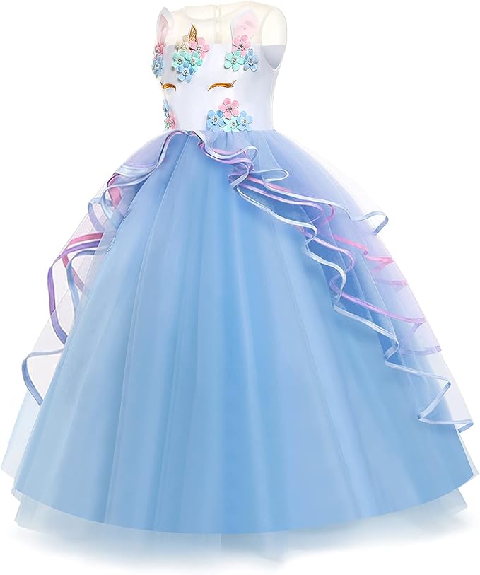 Unicorn Dress for Girls Unicorn Costume Pageant Princess Party Birthday Long Gown with Unicorn Headband & Necklace